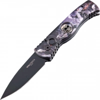 Автоматический складной нож Pro-Tech TR-2.4H1. Bruce Show Skull, клинок черный, сталь 154CM, рукоять алюминий, рисунок скелеты всадников купить в Гомеле