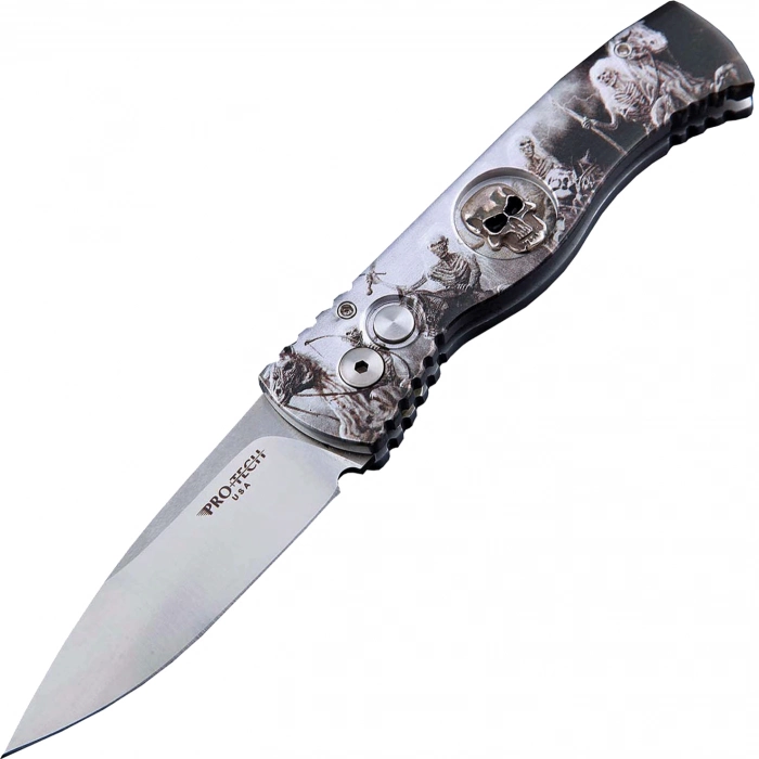 Автоматический складной нож Pro-Tech TR-2.4H1. Bruce Show Skull, клинок Stonewash, сталь 154CM, рукоять алюминий, рисунок скелеты пиратов